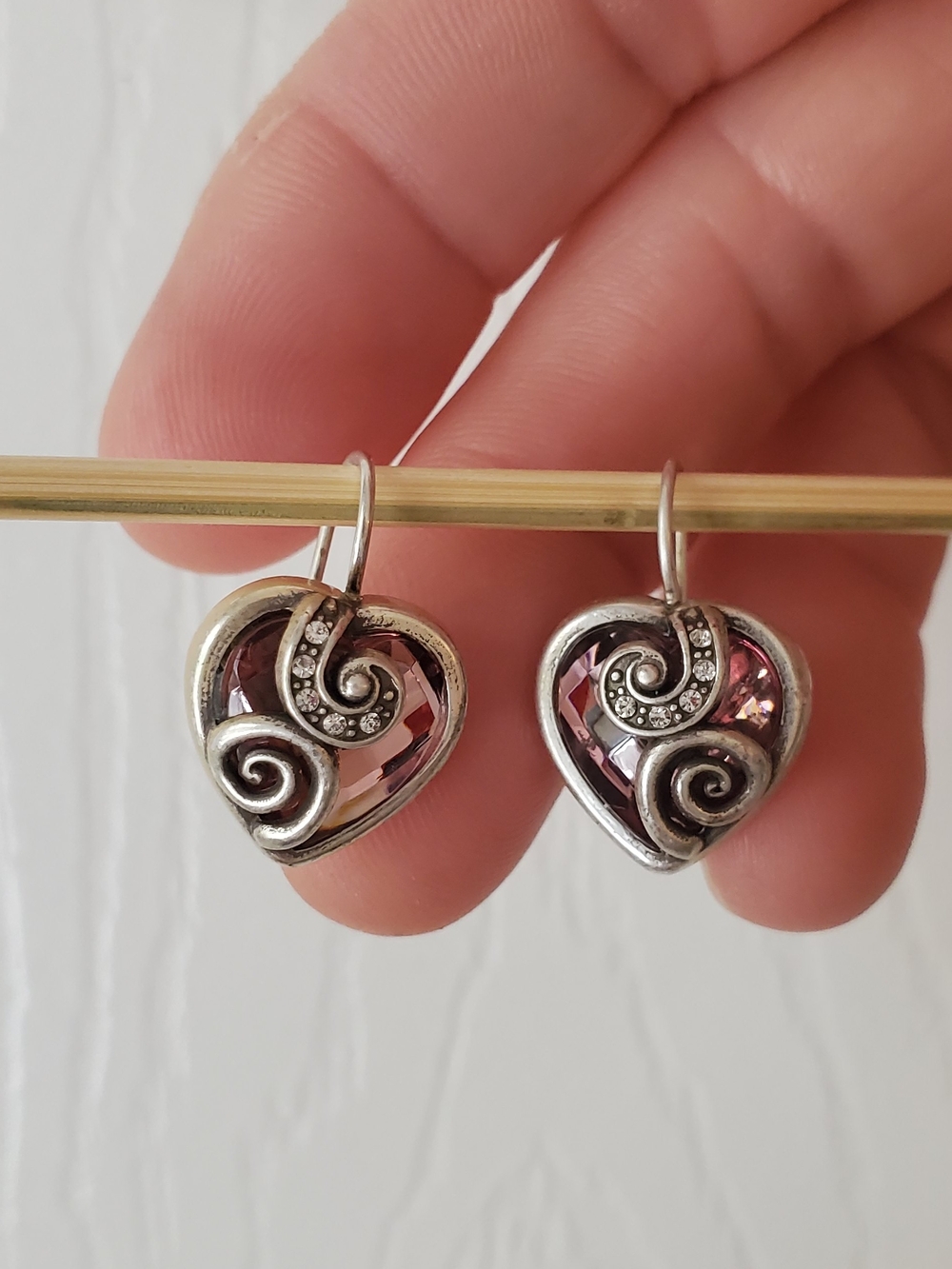 Brighton Pink Crystal Heart Drop Earrings with Silver Swirl Accents